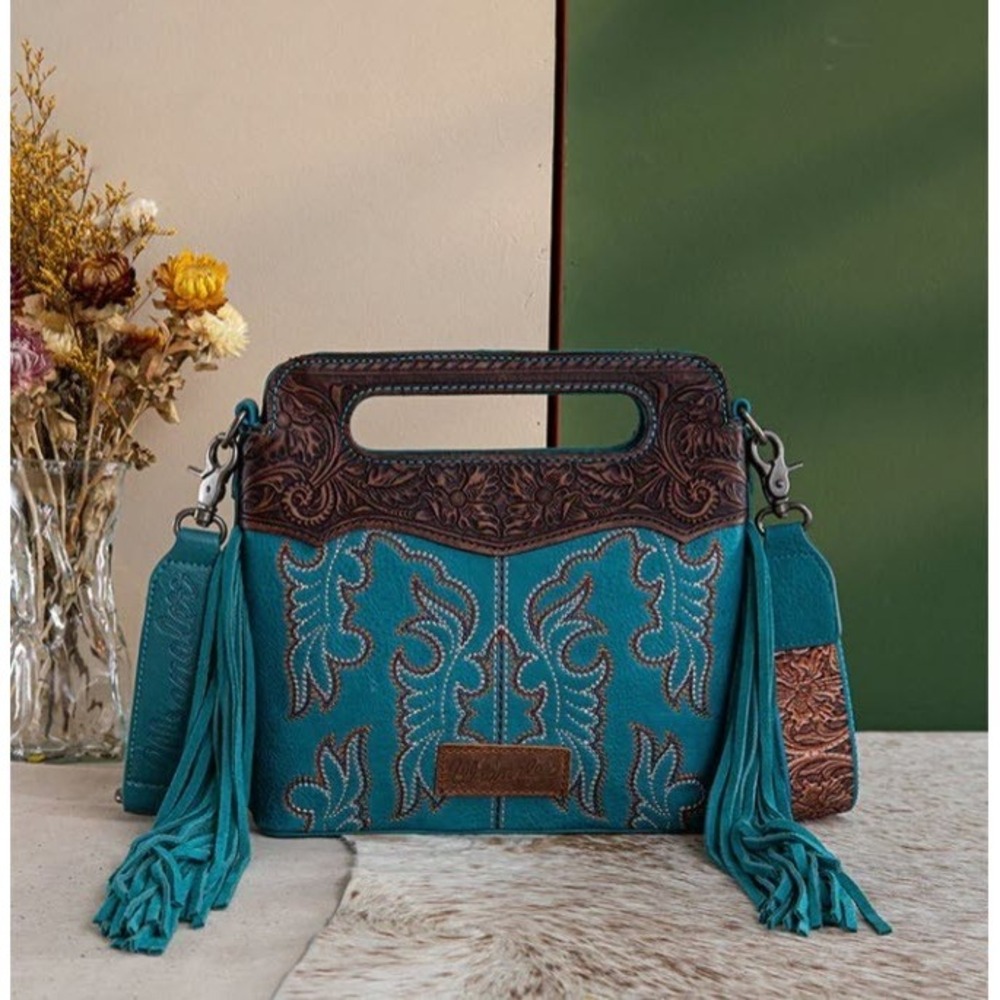 Wrangler Top Handle Embroidered Fringe Tote/Crossbody Turquoise WG110-2022TQ